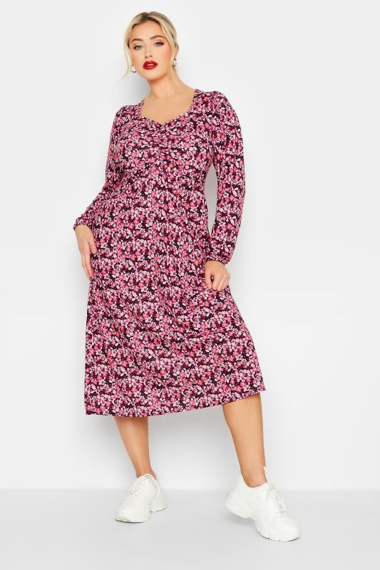 LIMITED COLLECTION Plus Size Pink Ditsy Ruched Midi Dress | Yours Clothing 1