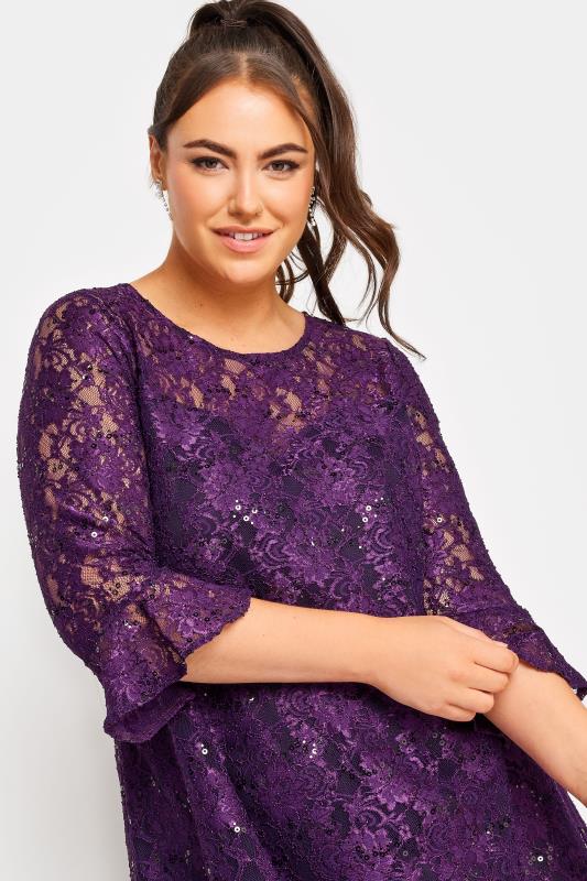 YOURS Plus Size Purple Lace Sequin Embellished Swing Dress | Yours Clothing 4