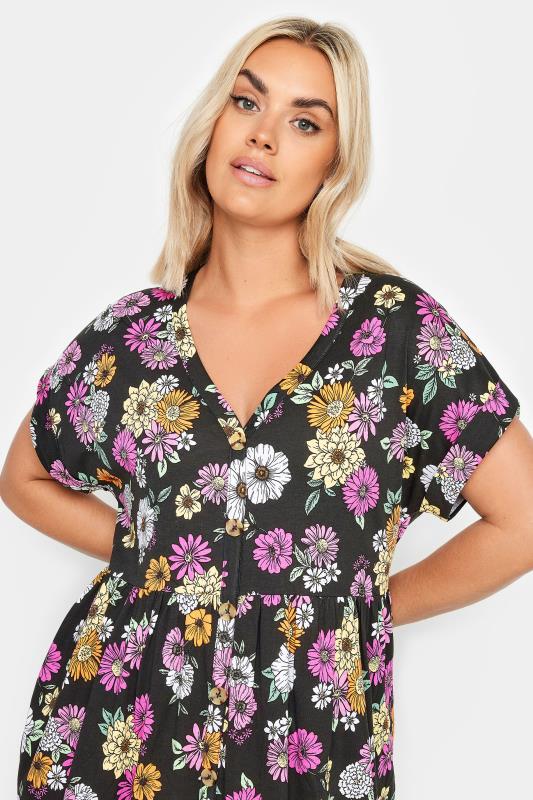 YOURS Plus Size Black Floral Print Button Front Smock Dress | Yours Clothing 4