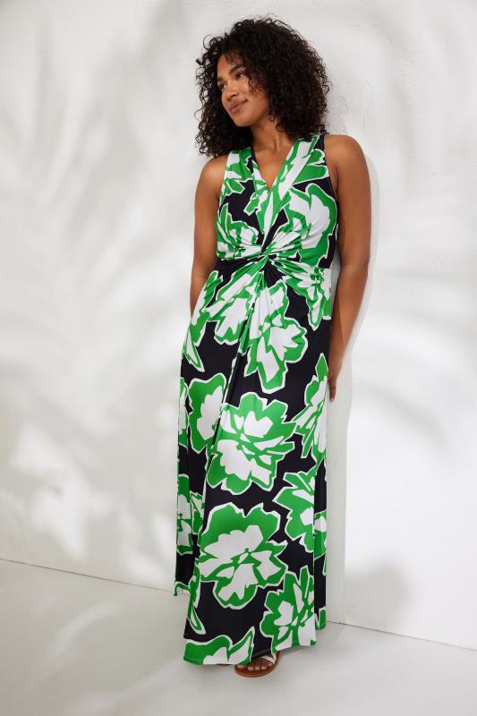 EVANS Plus Size Green Abstract Floral Print Twist Front Maxi Dress | Evans 1