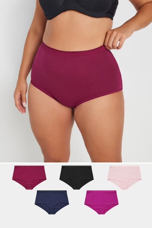 Plus Size  YOURS 5 PACK Curve Pink & Black Stretch Cotton Full Briefs