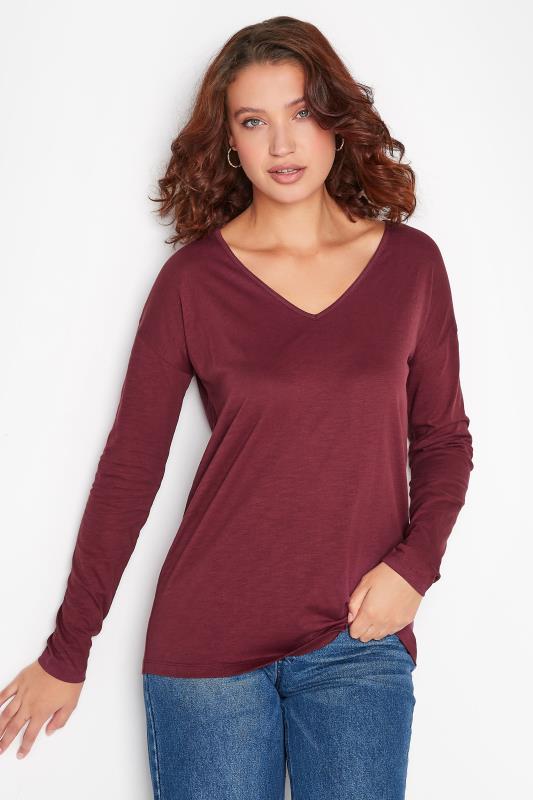 LTS Tall Women's Dark Red V-Neck Long Sleeve Cotton T-Shirt | Long Tall Sally 1