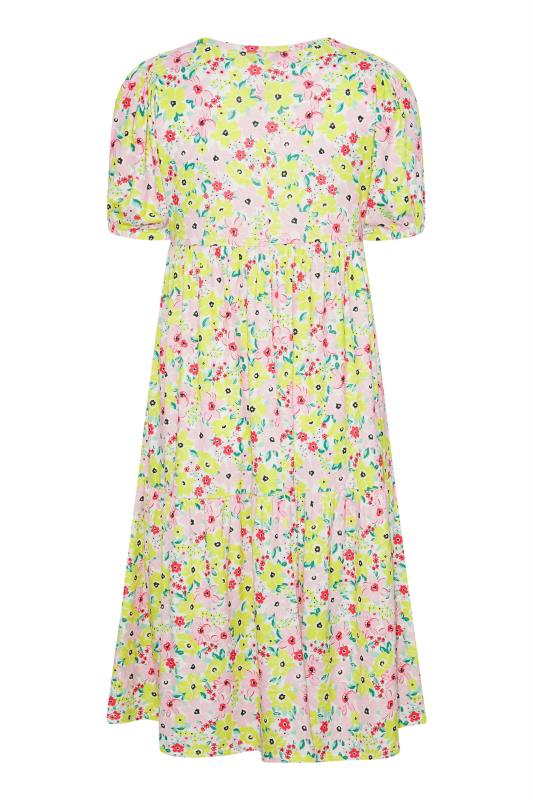 Plus Size Pink & Yellow Floral Print Puff Sleeve Smock Midaxi Dress | Yours Clothing 7