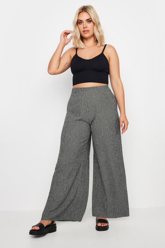 YOURS Plus Size Grey Stripe Print Textured Wide Leg Trousers | Yours Clothing 2