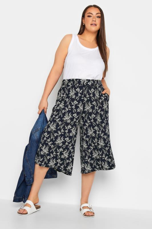 YOURS Curve Blue Floral Print Culottes | Yours Clothing 2