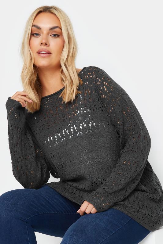 YOURS Plus Size Grey Slash Neck Knitted Jumper | Yours Clothing 1