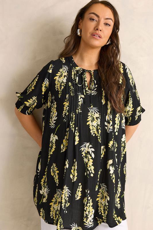  EVANS Blouse noire à fleurs avec plis nervurés et lien à l'encolure