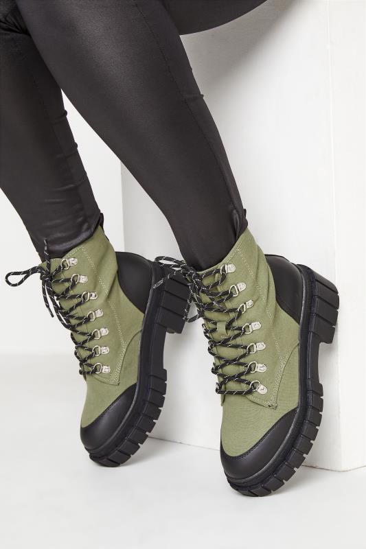 LIMITED COLLECTION Khaki Green Canvas Chunky Combat Boots In Wide Fit | Yours Clothing 1