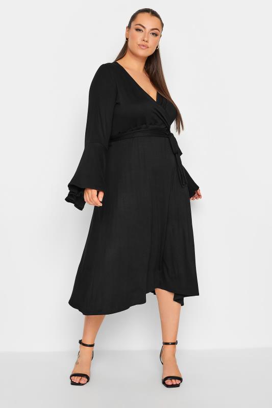 LIMITED COLLECTION Plus Size Black Flare Sleeve Wrap Dress | Yours Clothing 2