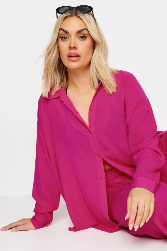 Plus Size  YOURS Curve Pink Magenta Crinkle Beach Shirt
