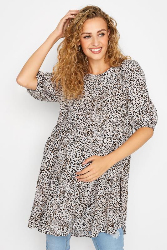 LTS Tall Maternity Brown Animal Print Tiered Balloon Sleeve Top 1