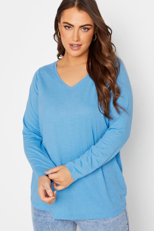 YOURS Plus Size Blue Long Sleeve V-Neck T-Shirt | Yours Clothing 4