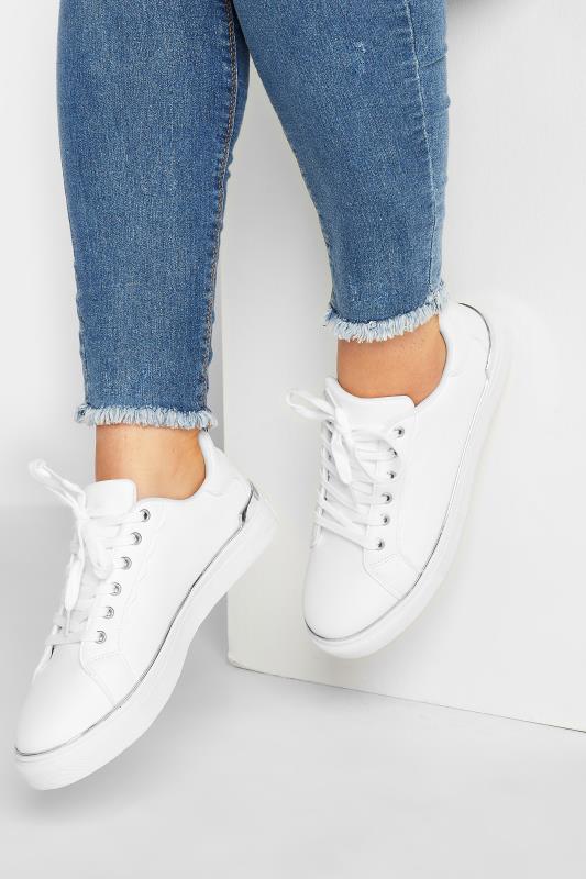 White & Silver Hardware Scallop Trainers In Extra Wide EEE Fit | Yours Clothing 1