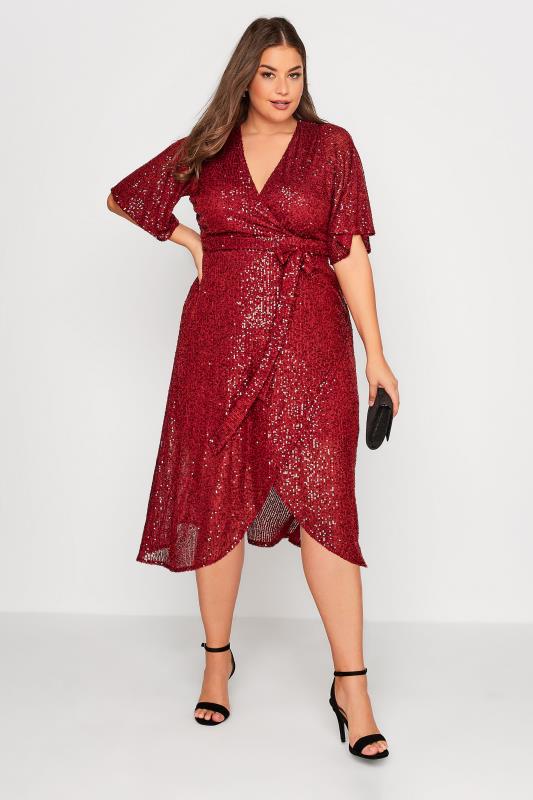 Plus Size  YOURS LONDON Curve Red Sequin Embellished Double Wrap Dress