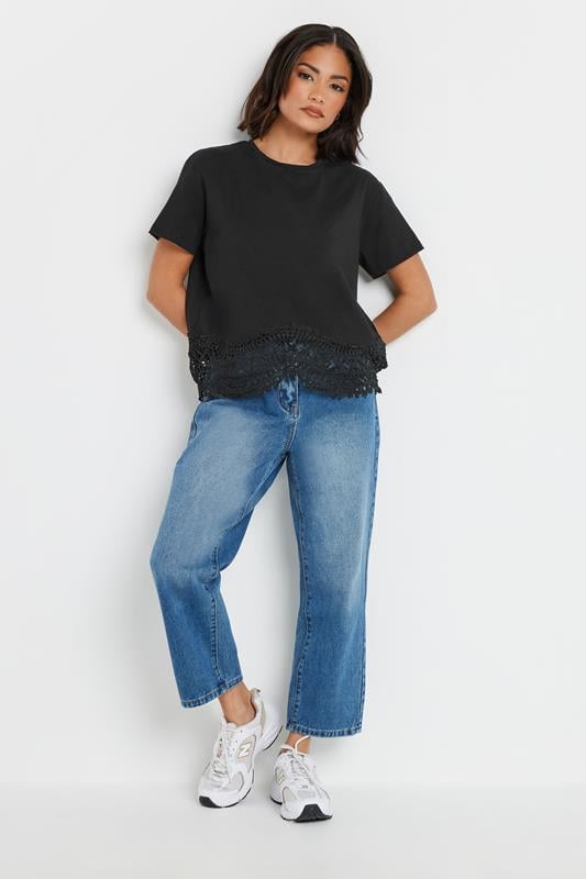 PixieGirl Petite Women's Black Crochet Hemline Cotton T-Shirt | PixieGirl 1