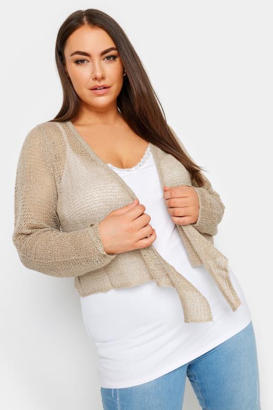 YOURS Plus Size Natural Brown Crochet Tie Front Cardigan | Yours Clothing 1