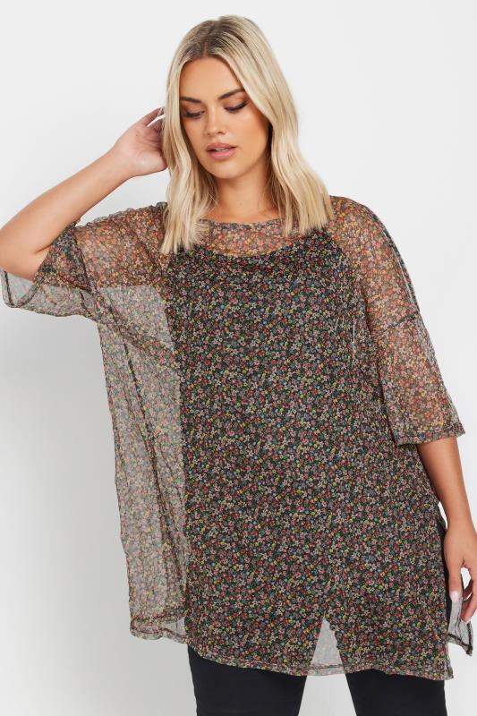 YOURS Plus Size Black Ditsy Floral Print Mesh Top | Yours Clothing 1