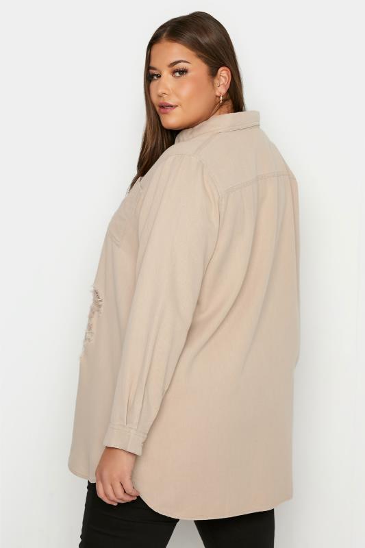 Plus Size Beige Brown Distressed Denim Shirt | Yours Clothing 3