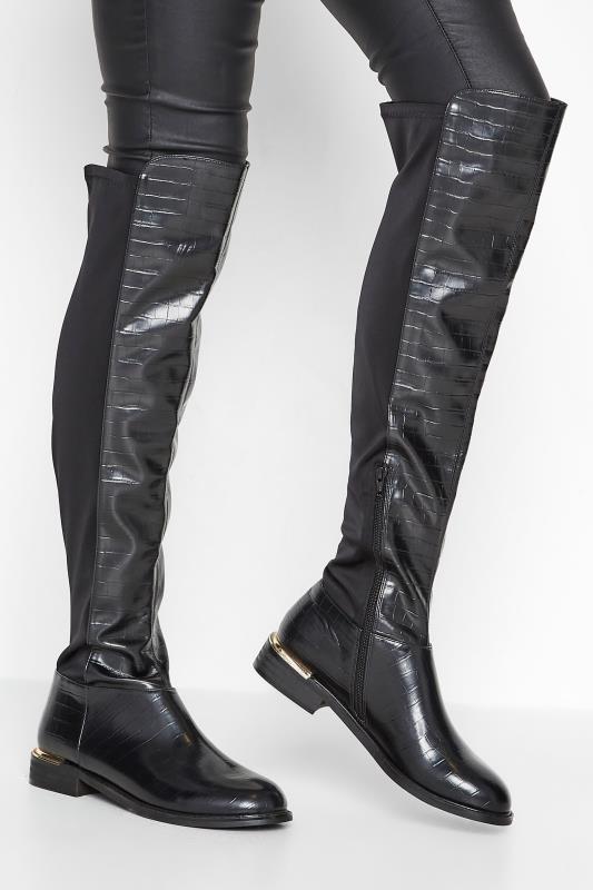 LTS Tall Black Knee High 50/50 Faux Leather Croc Boots In Standard Fit | Long Tall Sally 1