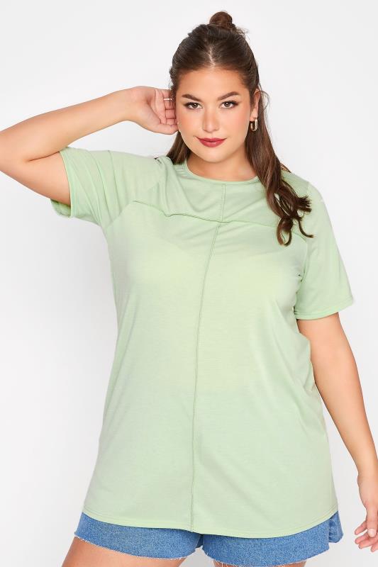 LIMITED COLLECTION Plus Size Sage Green Exposed Seam T-Shirt | Yours Clothing  1