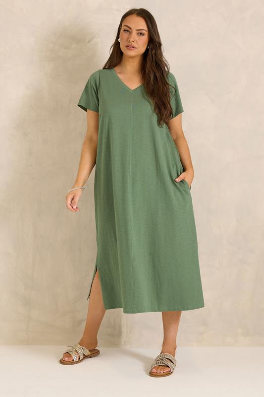 EVANS Plus Size 2 Pack Black & Khaki Green Cotton Dresses | Evans 4