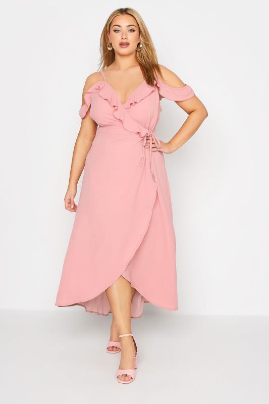 Plus Size  YOURS LONDON Curve Pink Ruffle Wrap Cold Shoulder Maxi Dress