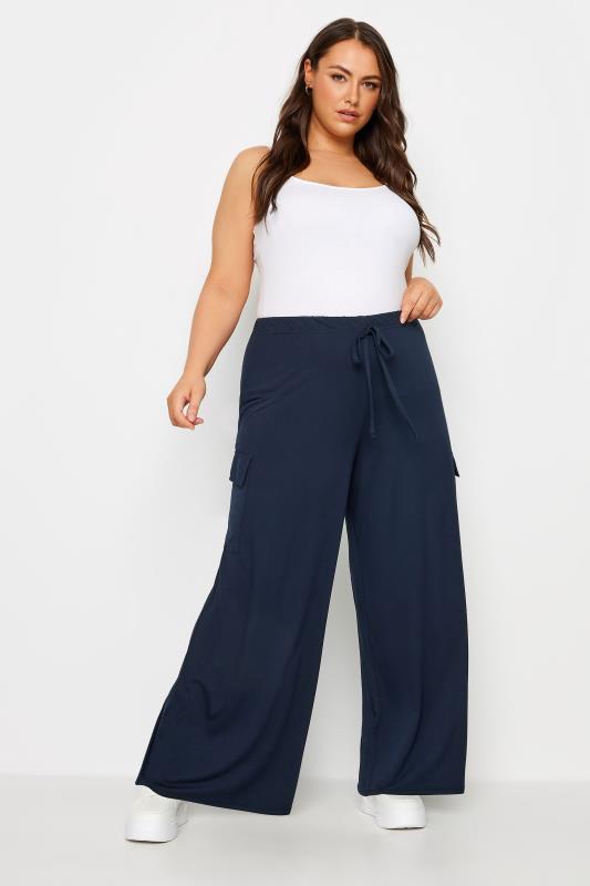 YOURS Plus Size Navy Blue Jersey Wide Leg Cargo Trousers | Yours Clothing 2