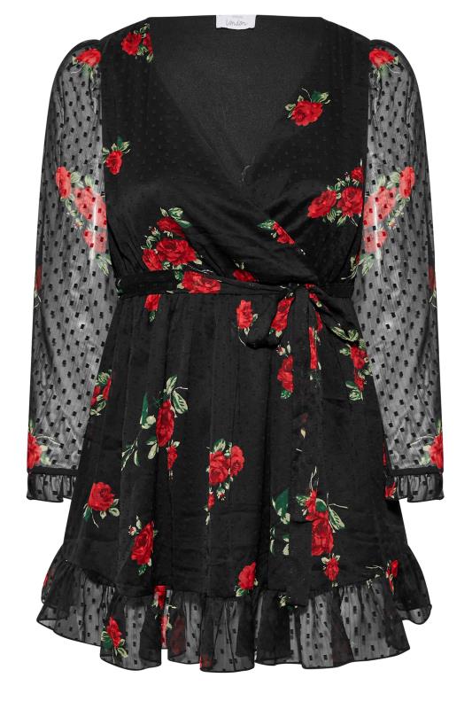 YOURS LONDON Plus Size Black Rose Print Dobby Ruffle Wrap Top | Yours Clothing 6