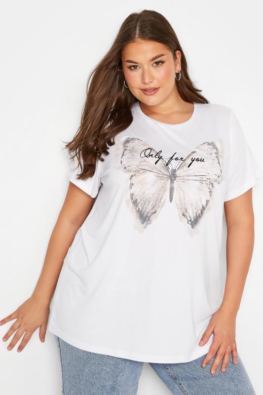 Plus Size  Curve White Butterfly 'Only For You' Slogan T-Shirt