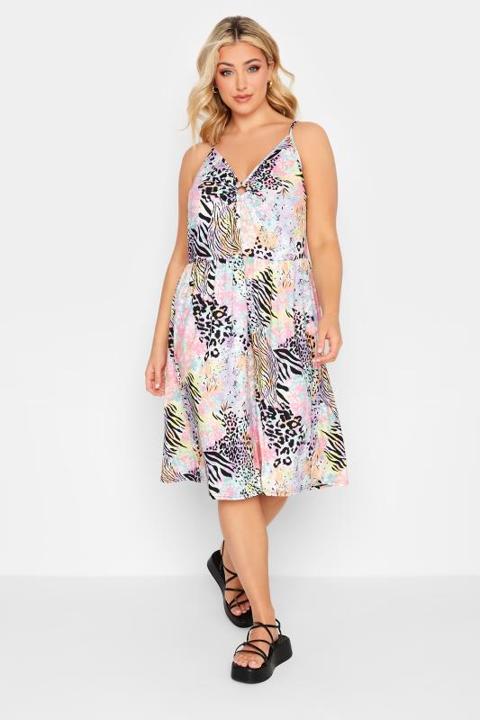 LIMITED COLLECTION Plus Size Pink Mixed Print Ring Front Midi Dress | Yours Clothing 1