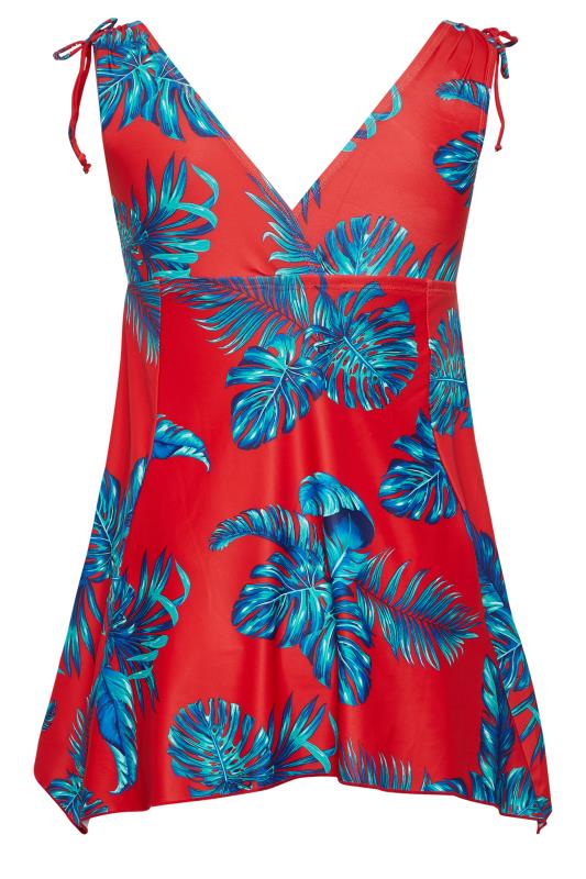 YOURS Plus Size Curve Red Palm Leaf Plunge Tummy Control Swim Dress | Yours Clothing  8