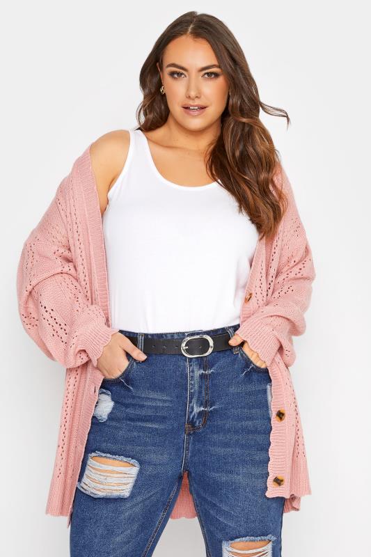  Grande Taille Curve Pink Pointelle Balloon Sleeve Cardigan