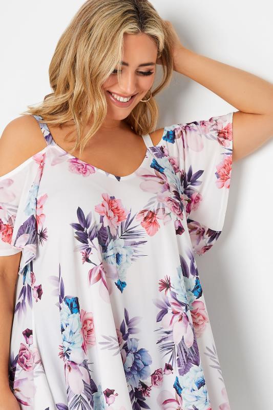 YOURS LONDON Plus Size White Tropical Print Cold Shoulder Top | Yours Clothing  4