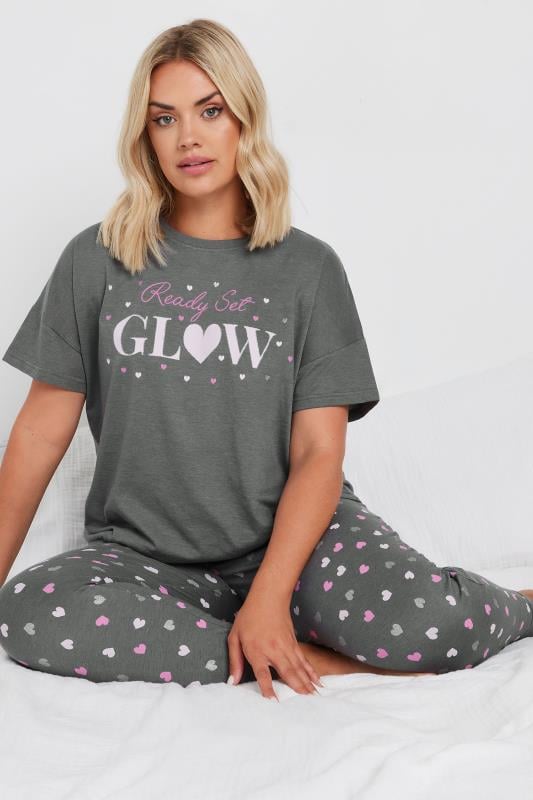 YOURS Plus Size Grey 'Ready Set Glow' Heart Print Cuffed Pyjama Set | Yours Clothing 1