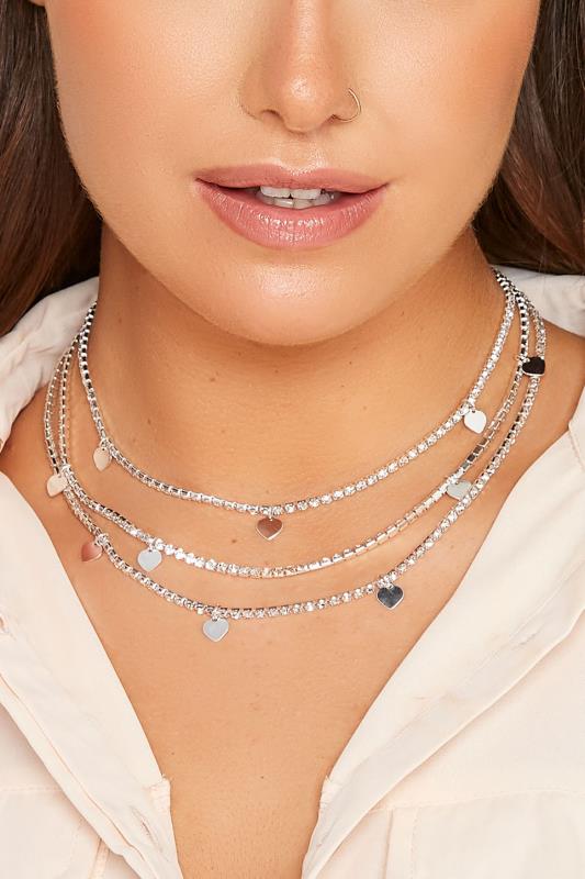 Plus Size  3 PACK Silver Diamante Heart Necklaces