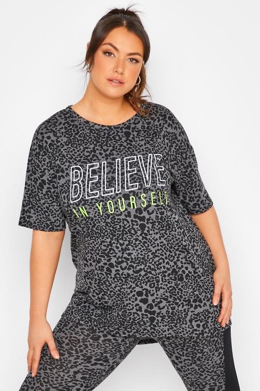Großen Größen  ACTIVE Curve Grey Leopard Print 'Believe In Yourself' Slogan T-Shirt