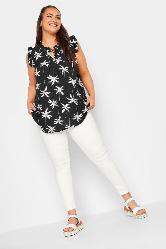 YOURS Curve Plus Size Black Palm Tree Print Frill Blouse | Yours Clothing  2