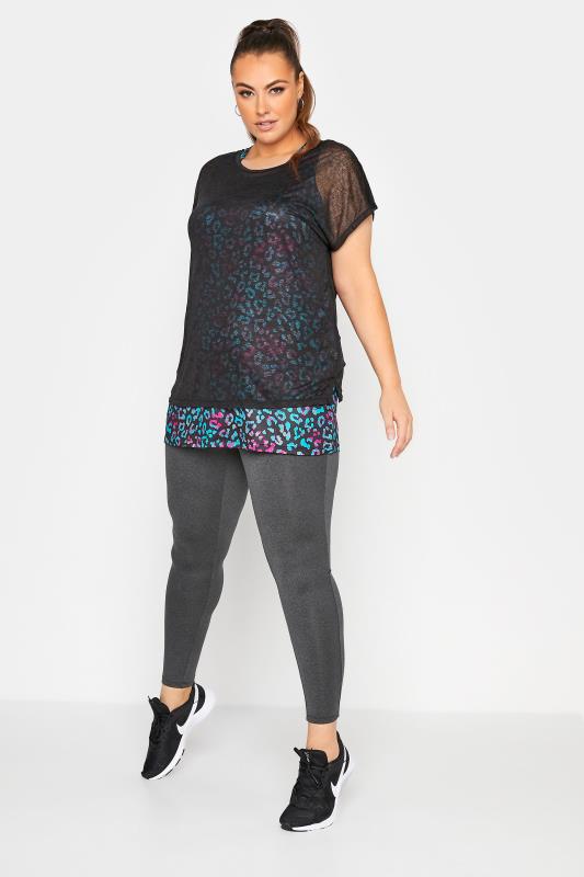 ACTIVE Plus Size Black Mesh Leopard Print 2 In 1 T-Shirt | Yours Clothing 4