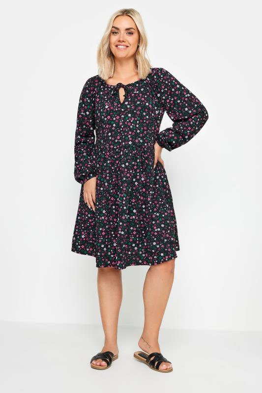 YOURS Plus Size Black Ditsy Floral Print Textured Midi Dress | Yours Clothing 2