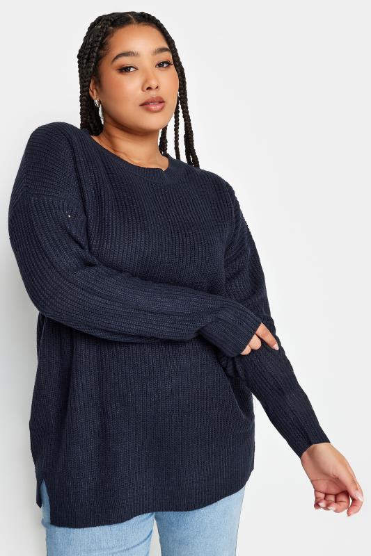 YOURS Plus Size Navy Blue Drop Shoulder Knitted Jumper | Yours Clothing 1