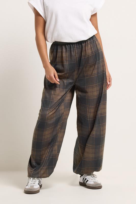 PixieGirl Petite Women's Brown Check Balloon Trousers | PixieGirl 1