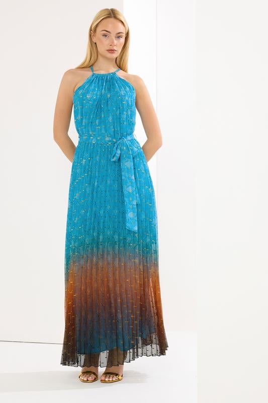 STAR Blue Snake Skin Metallic Pleated Dress