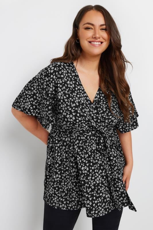  Grande Taille YOURS Curve Black Floral Print Textured Wrap Top