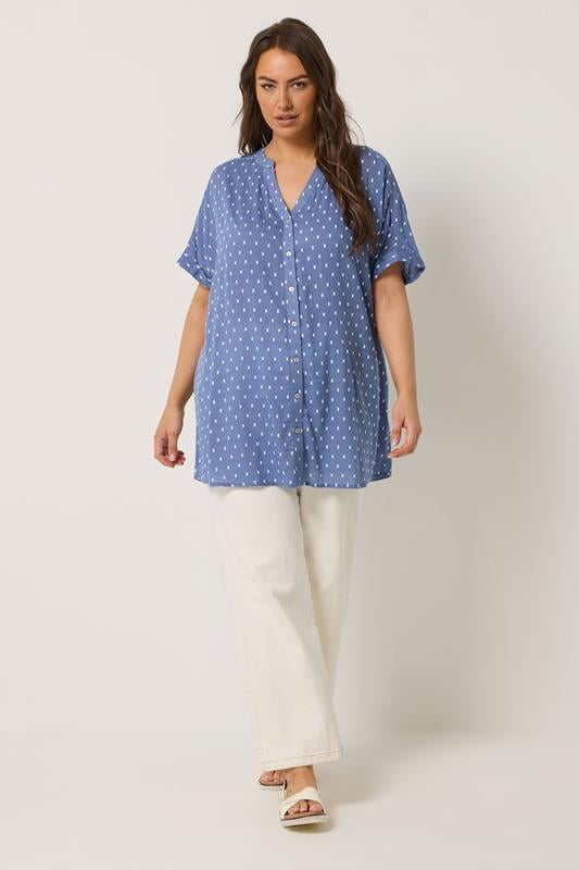 YOURS Plus Size Denim Blue Dobby Notch Neck Blouse| Yours Clothing 1