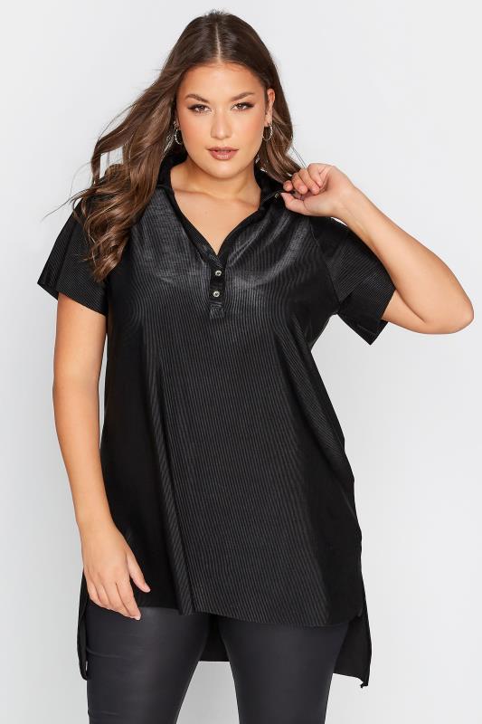 Plus Size Black Collared Placket Top | Yours Clothing 1