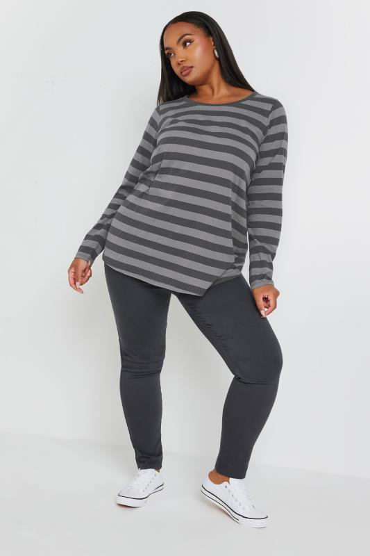 YOURS Plus Size Grey Stripe Long Sleeve T-Shirt | Yours Clothing 2