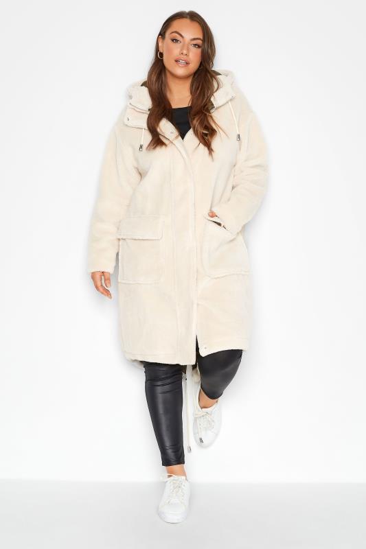LIMITED COLLECTION Plus Size Cream Teddy Longline Parka Coat | Yours Clothing 2