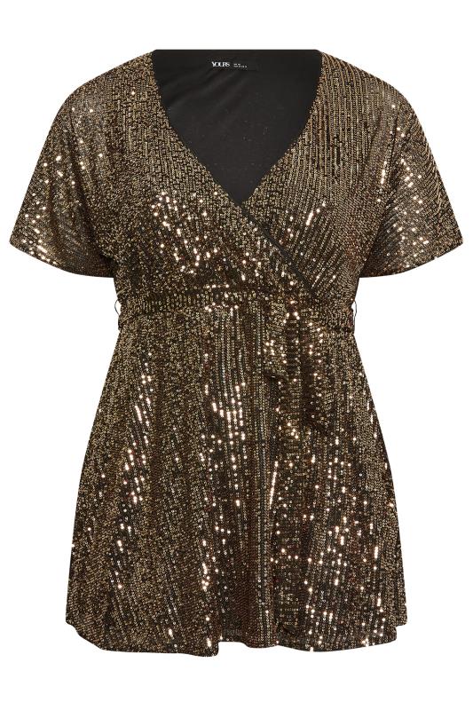 YOURS LONDON Plus Size Gold Sequin Short Sleeve Wrap Top | Yours Clothing 6