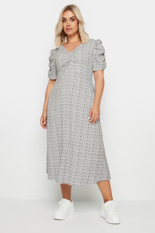 LIMITED COLLECTION Plus Size Grey Check Textured Milkmaid Dress | Yours Clothing  4