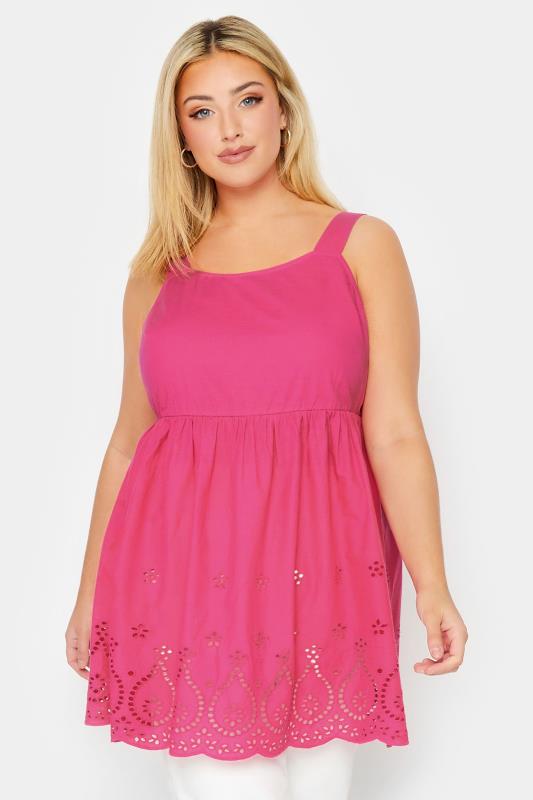 YOURS Plus Size Pink Broderie Anglaise Vest Top | Yours Clothing 1